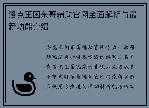 洛克王国东哥辅助官网全面解析与最新功能介绍